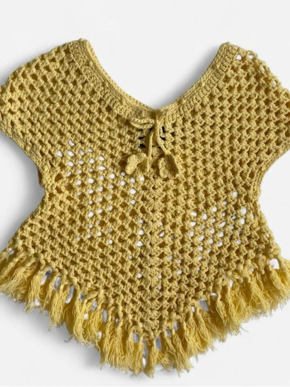 Vintage Y2K Kids Yellow Crochet Knit Poncho Top with Fringe